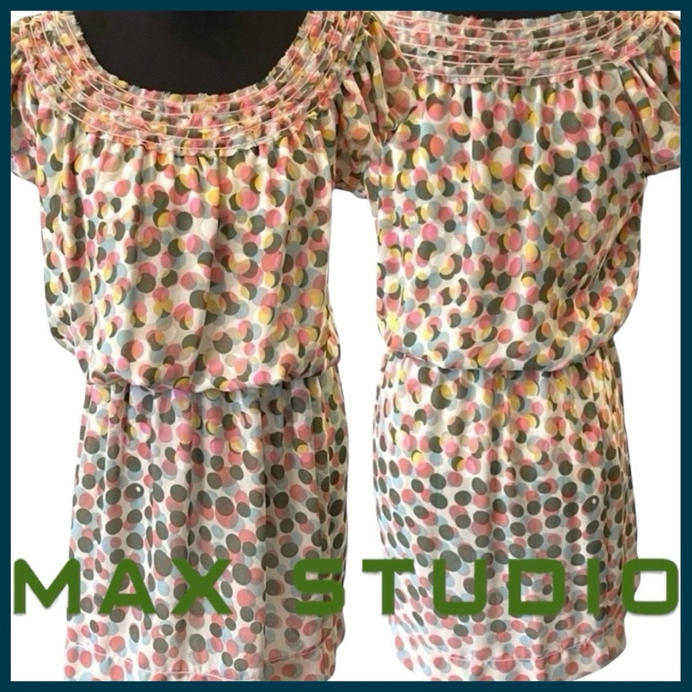 Max Studio Multi-Colour Pastel Dot Smocked Waist Blouson Dress (M) - Picture 4 of 15